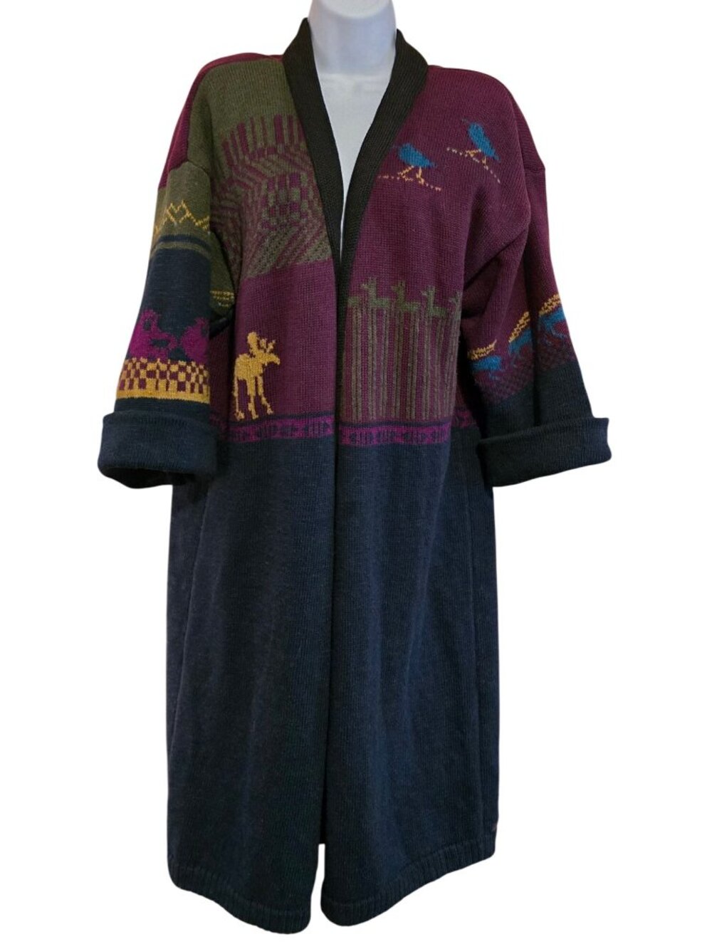 Colorful Birds & Moose Patterned Long Knit Sweater Cardigan ski warm winter